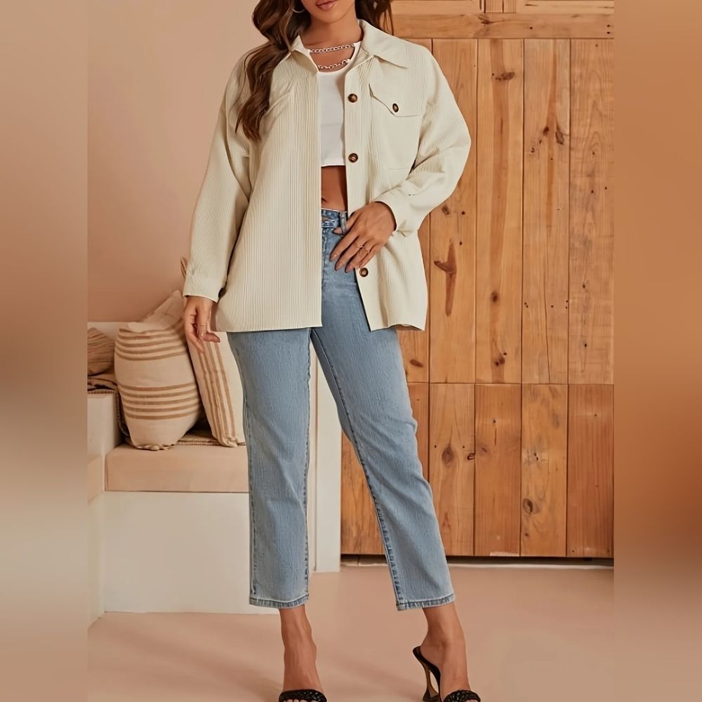 Simplee Ivory Cream NWT Oversized Corduroy Sweater Jacket (Shacket) Size Small - Picture 8 of 14